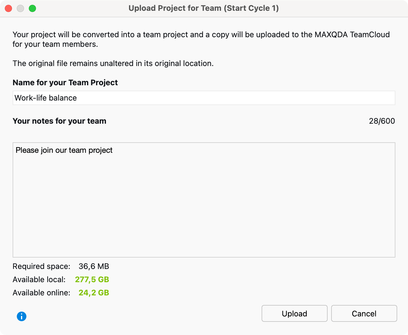 Upload dialog for naming the team project with comment function Upload dialog for naming the team project with comment function