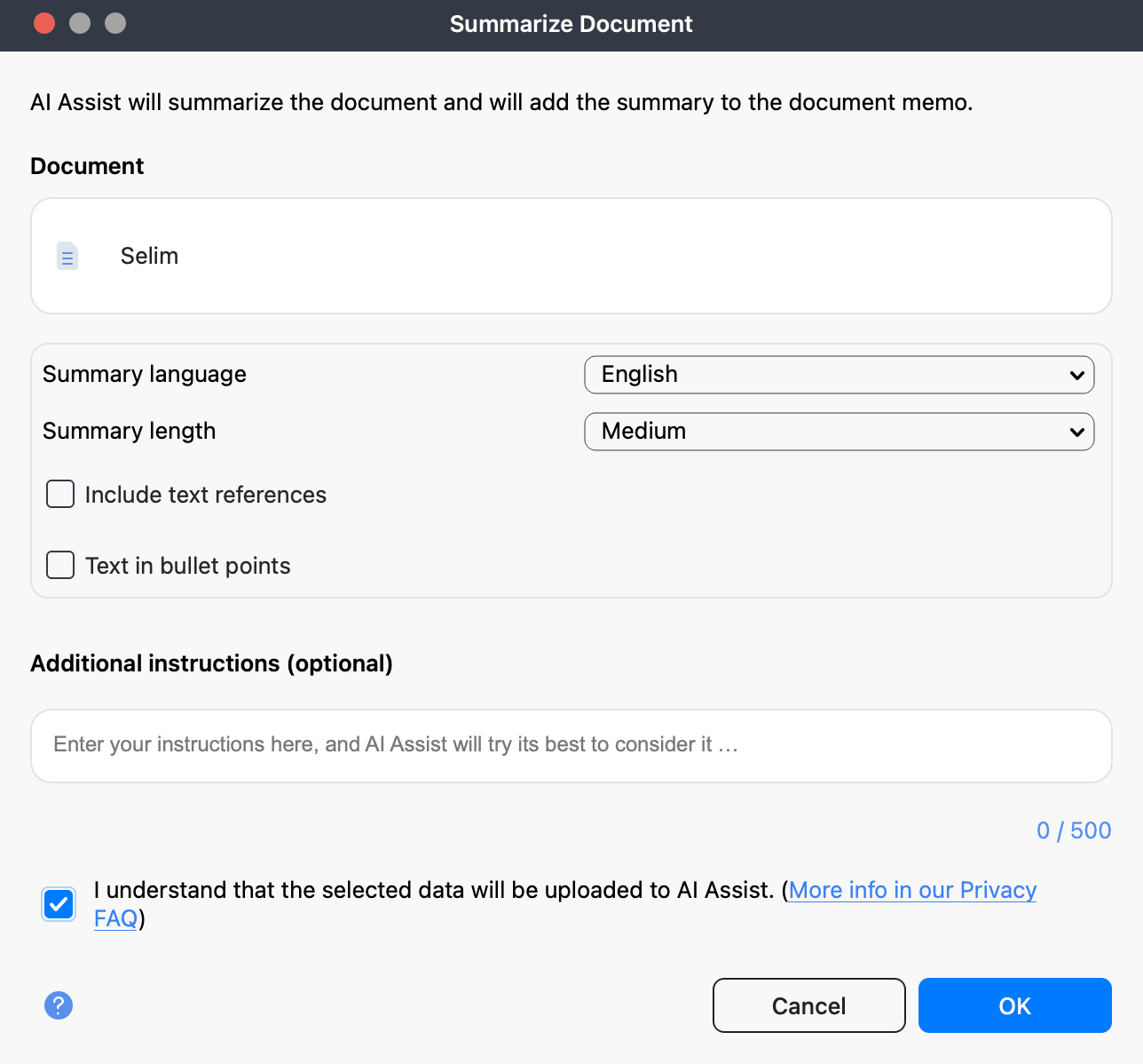 AI Assist summary preferences Screenshot of the AI Assist summary preferences window