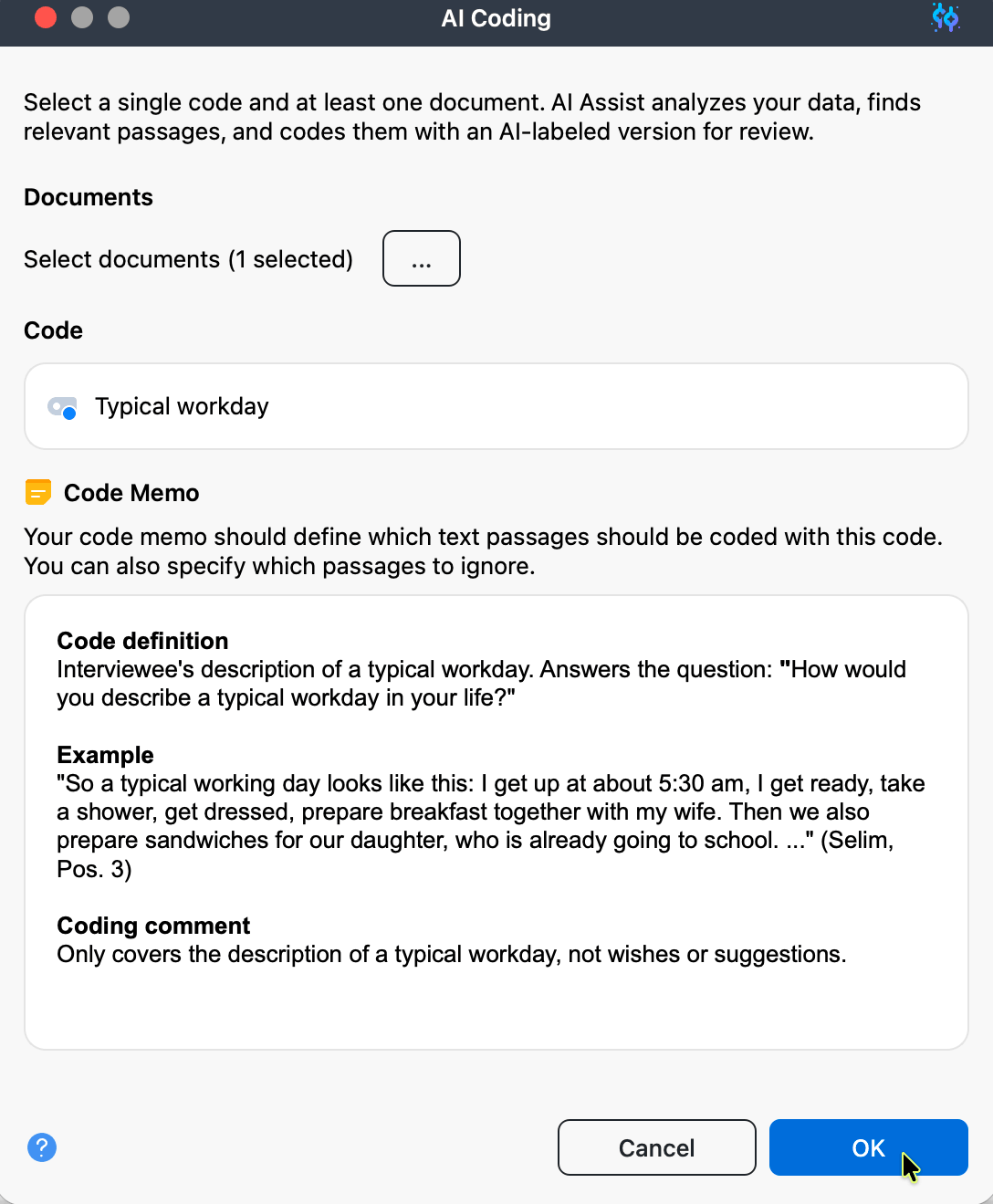 AI Coding setup dialog with code memo example Screenshot of an example AI Coding setup dialog with the code memo