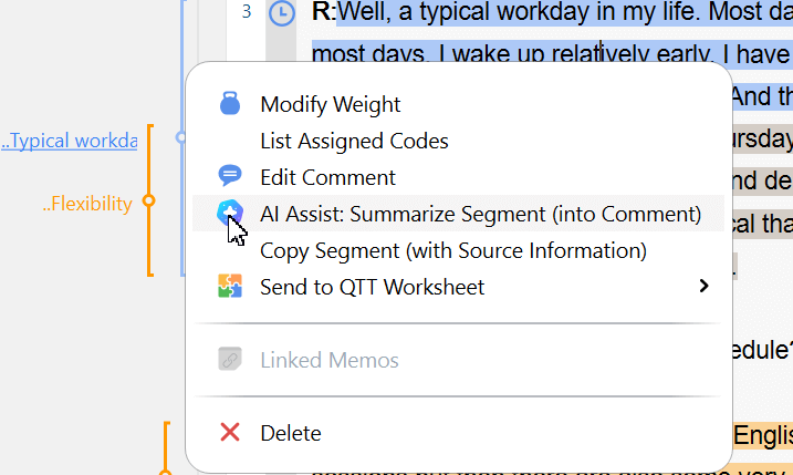 Right-click menu for a coded segment with the AI Assist command to summarize the selected segment into a comment.