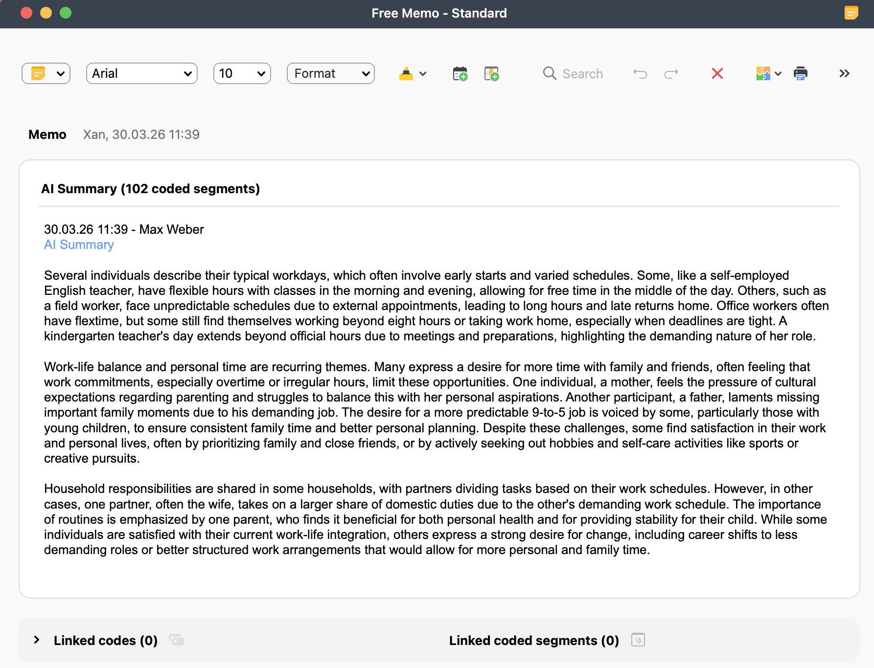 Example of a generated summary saved as a free memo Screenshot of an example of a generated summary saved as a free memo
