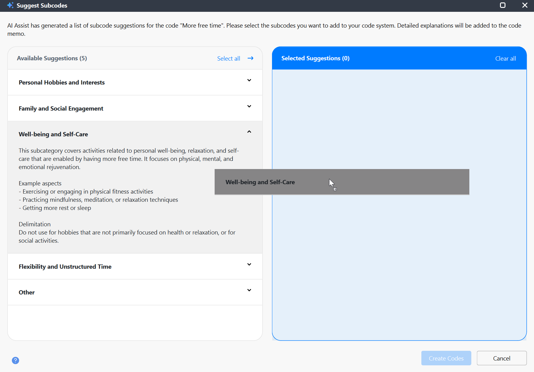 AI Assist selection dialog showing suggested subcodes in the "Available Suggestions" panel