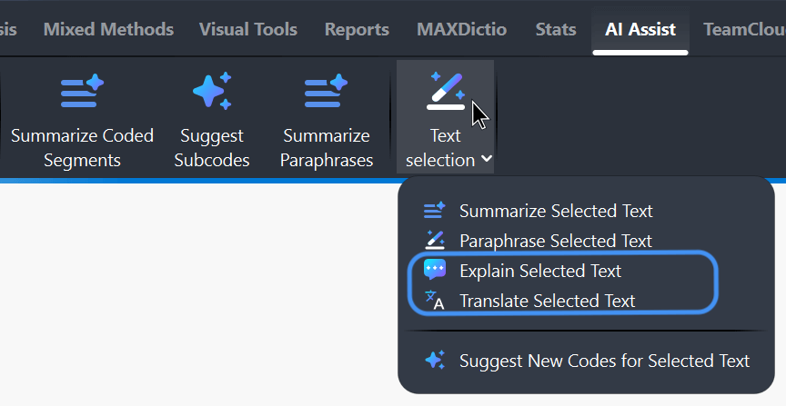 AI Assist menu showing Explain Selected Text and Translate Selected Text options for selected text