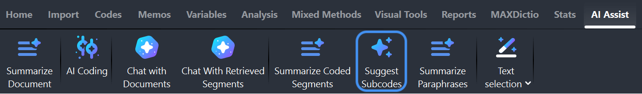 AI Assist main menu with the "Suggest Subcodes" option highlighted for selection