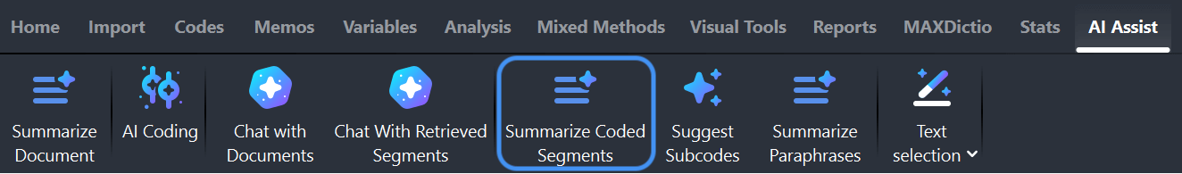 Summarize coded segments via the AI Assist main menu Summarize coded segments via the AI Assist main menu