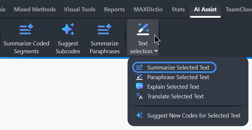 Summarize selected text via the AI Assist main menu
