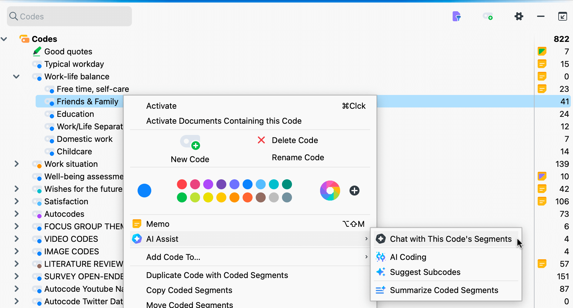 Chat with coded segments via a code's context menu Chat with Coded Segments via a code's context menu
