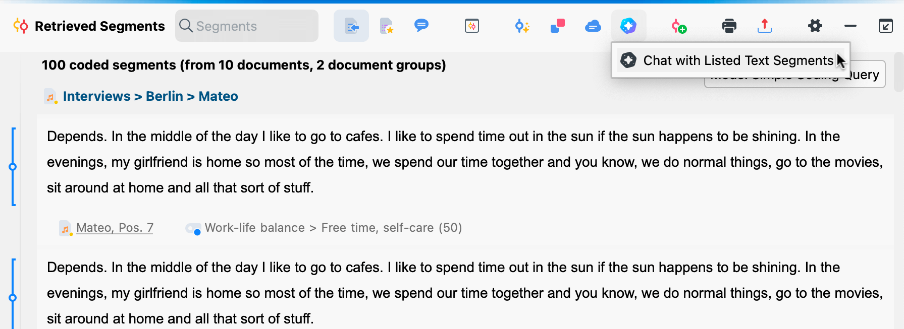 Start AI chat with coded segments in the "Retrieved Segments" window Start AI chat with coded segments in the "Retrieved Segments" window