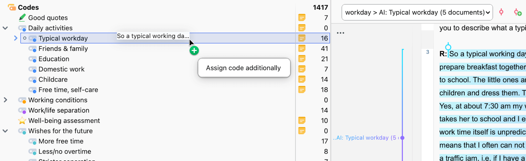 Moving coded segments by dragging and dropping the coding stripe