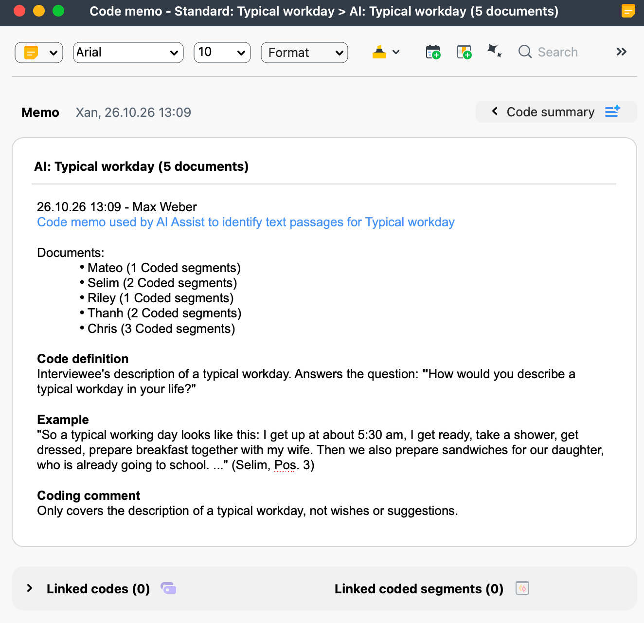 AI-generated code memo showing coded segments per document Example screenshot of an AI-generated memo with information about how many coded segments were created