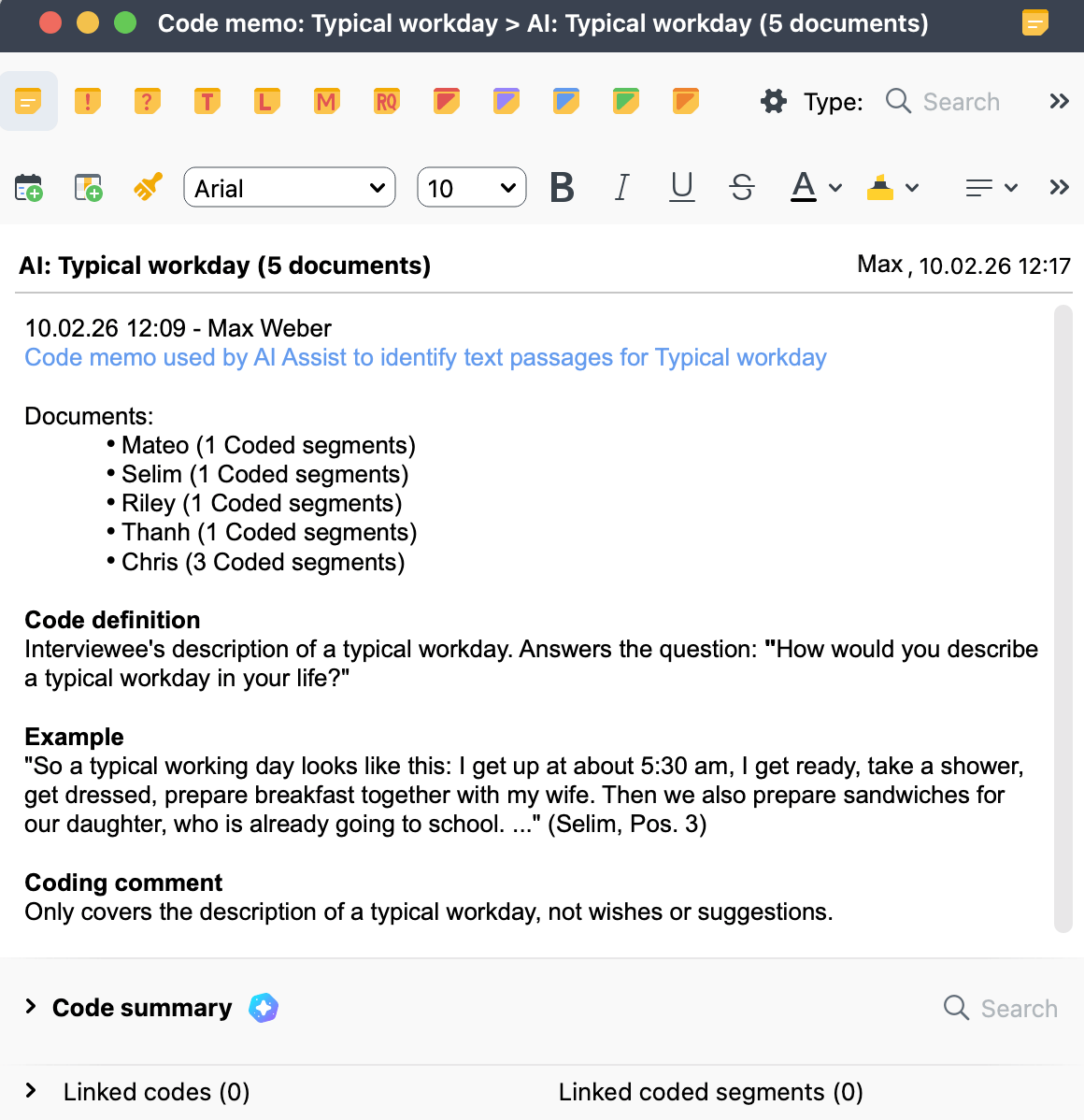 Example screenshot of AI-generated Memo with information about how many coded segments were created