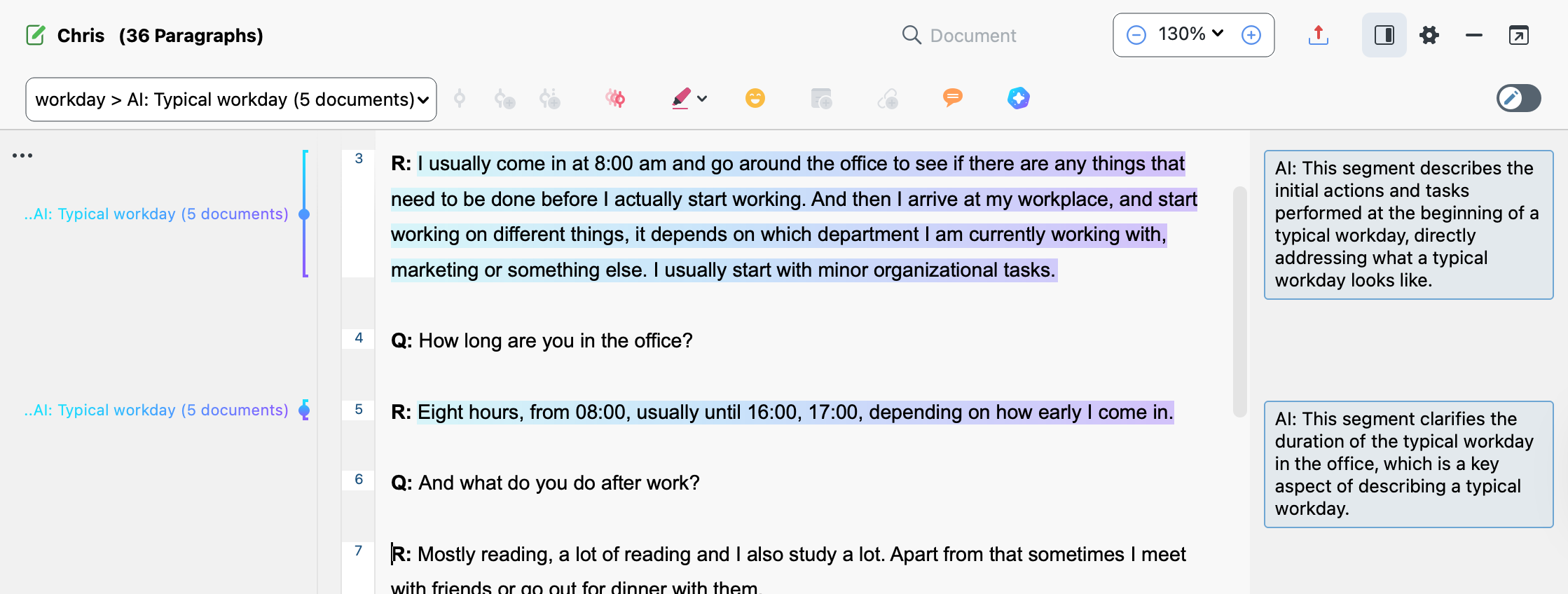 Example screenshot of AI-suggested coded segment with the AI-generated comment in MAXQDA's 'Document Browser'