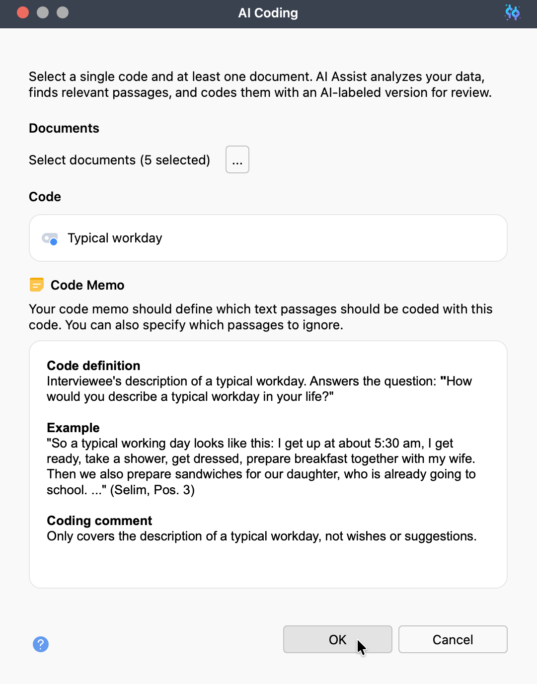 Screenshot of an exampleAI Coding setup dialog with the code memo 