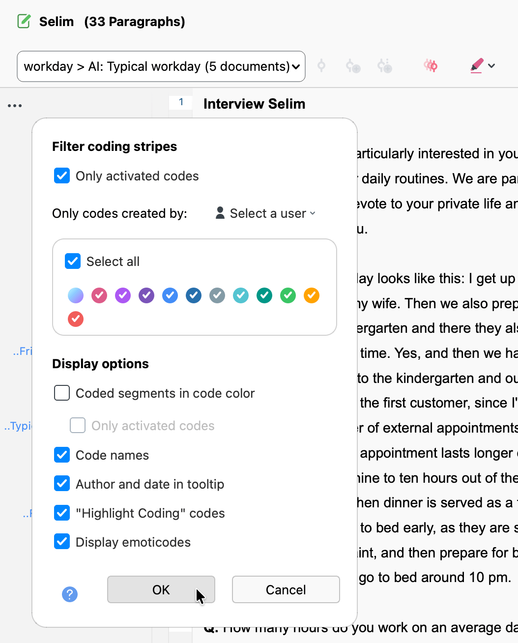 Filter displayed codes by adjusting coding stripe visualization preferences