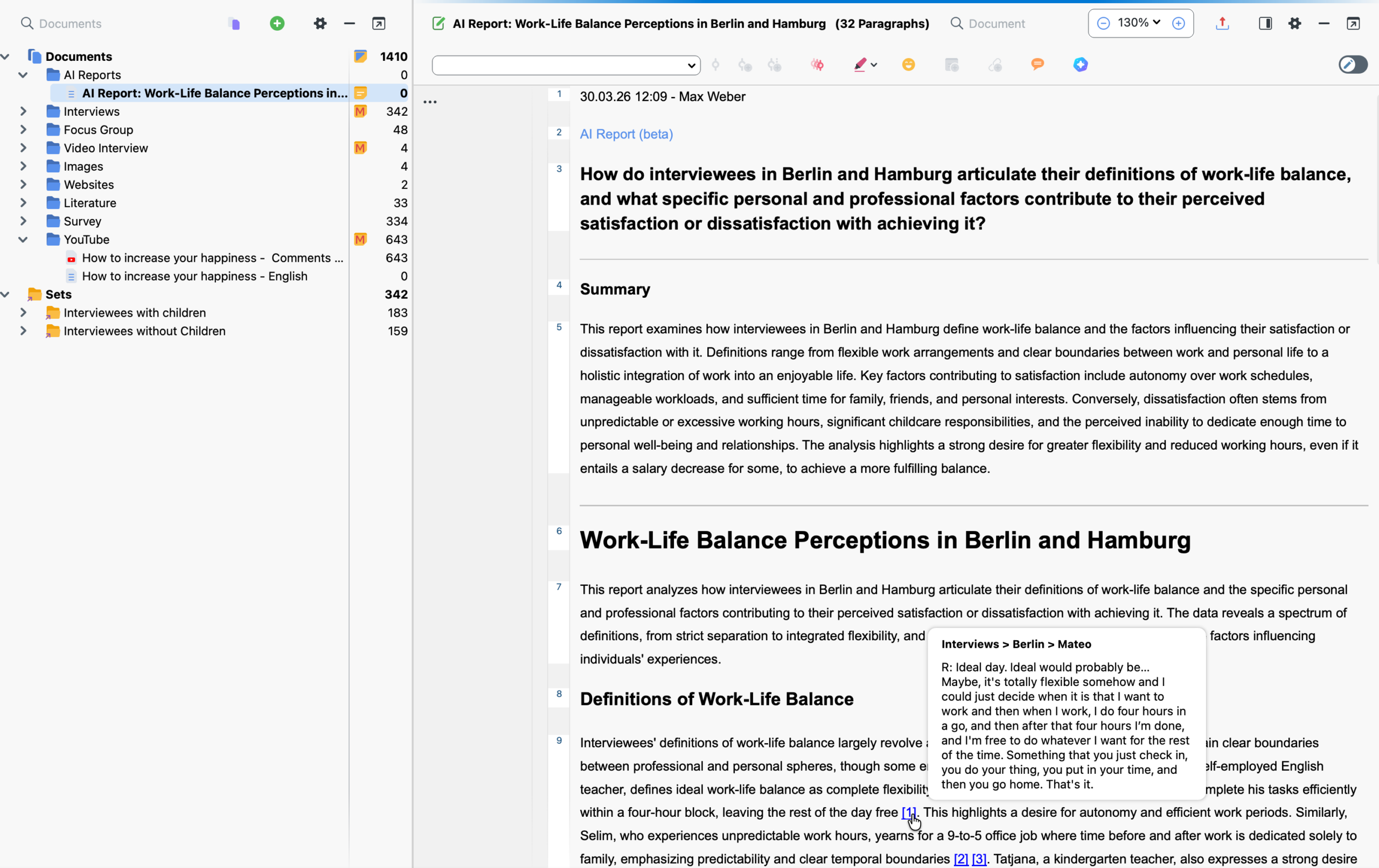 A generated AI Report in the Document Browser Screenshot of a generated AI Report in the Document Browser with creation date, analysis question, abstract, main content with thematic sections, and interactive references to the source documents