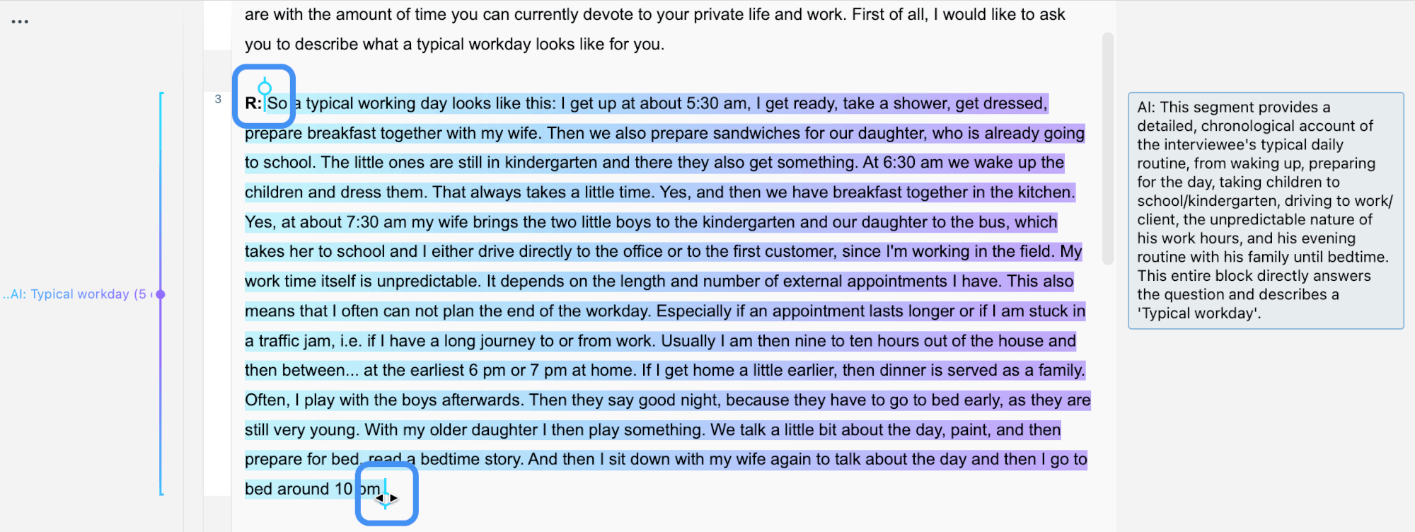 Example of how to adjust a coded segment's boundaries in the 'Document Brower' using the code grabbers
