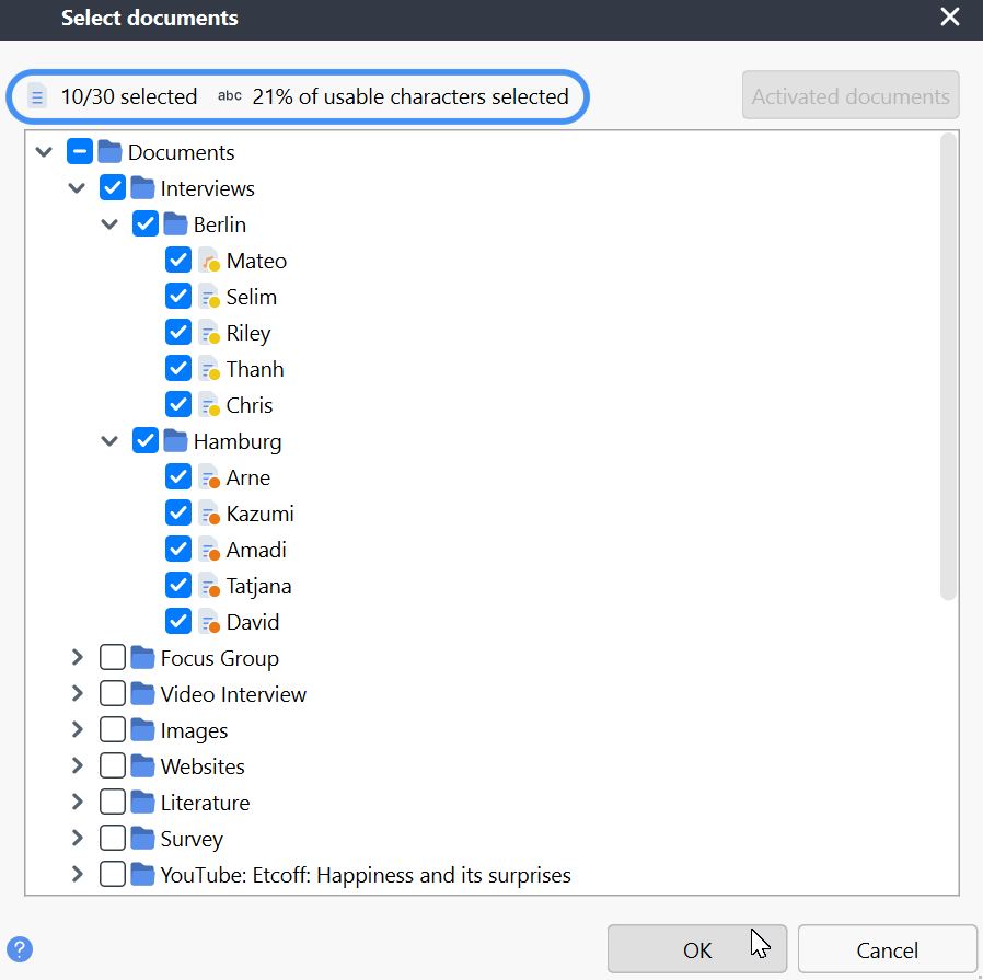Start a chat by selecting one or more documents Screenshot of the MAXQDA document selection dialog where users choose one or more documents for AI chat, with character and document counters.