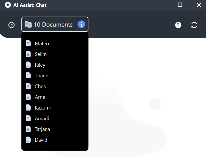 Screenshot of the MAXQDA AI Chat interface zoomed into the selected items indicator with a dropdown list of the selected documents