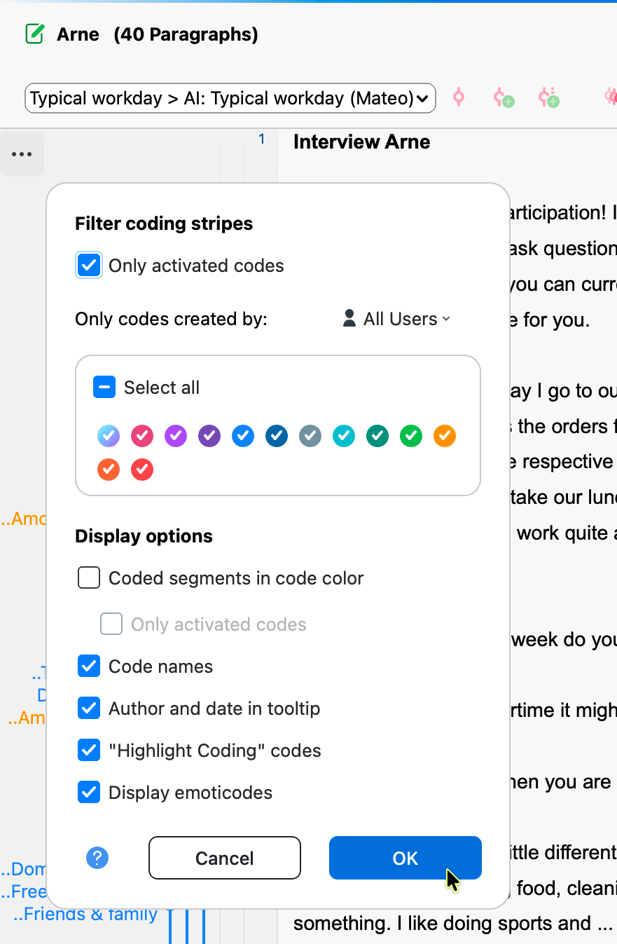Filter displayed codes by adjusting coding stripe visualization options Filter displayed codes by adjusting coding stripe visualization options