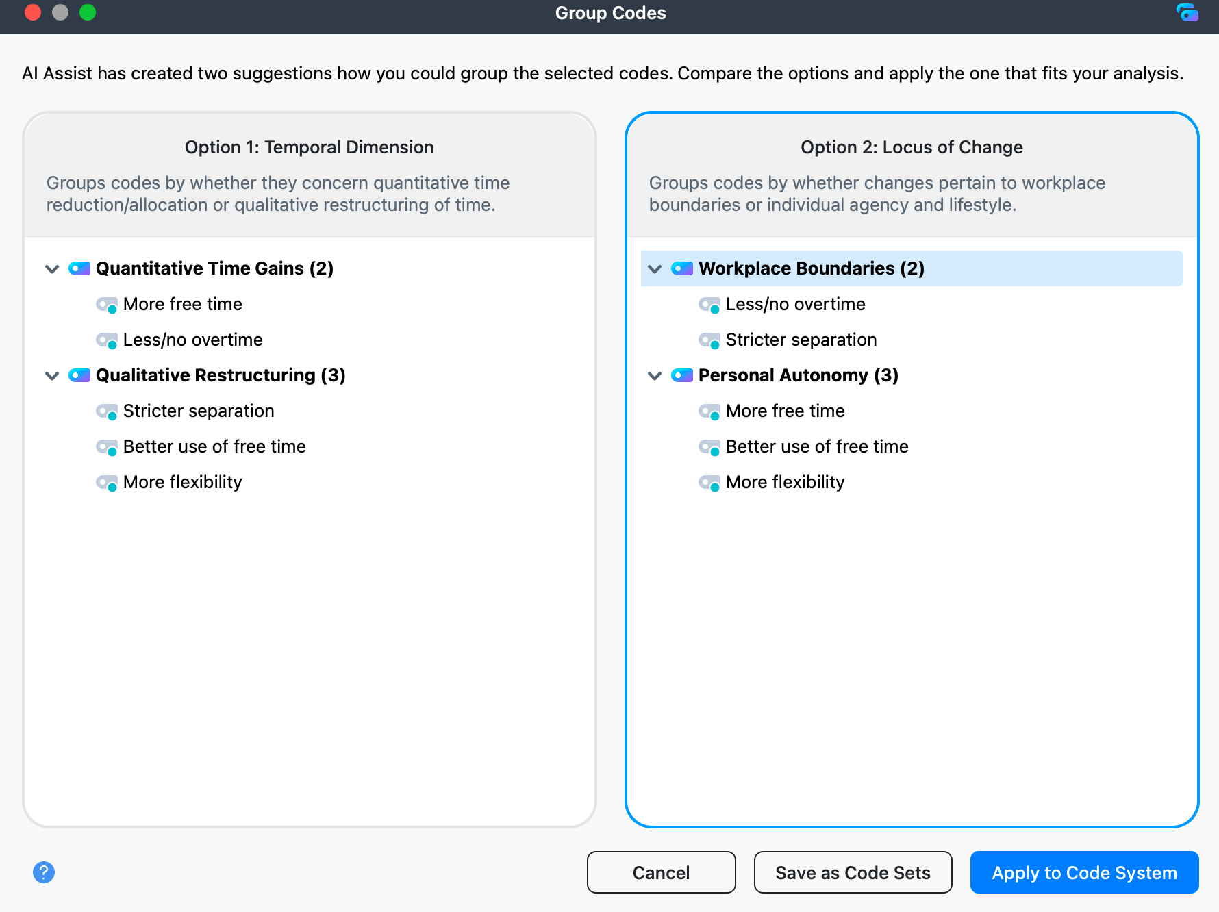Comparing the two groupings suggested by AI Assist The Group Codes results window with two suggested groupings side by side, each with a title, an explanation, and a tree of new parent codes with the selected codes sorted under them