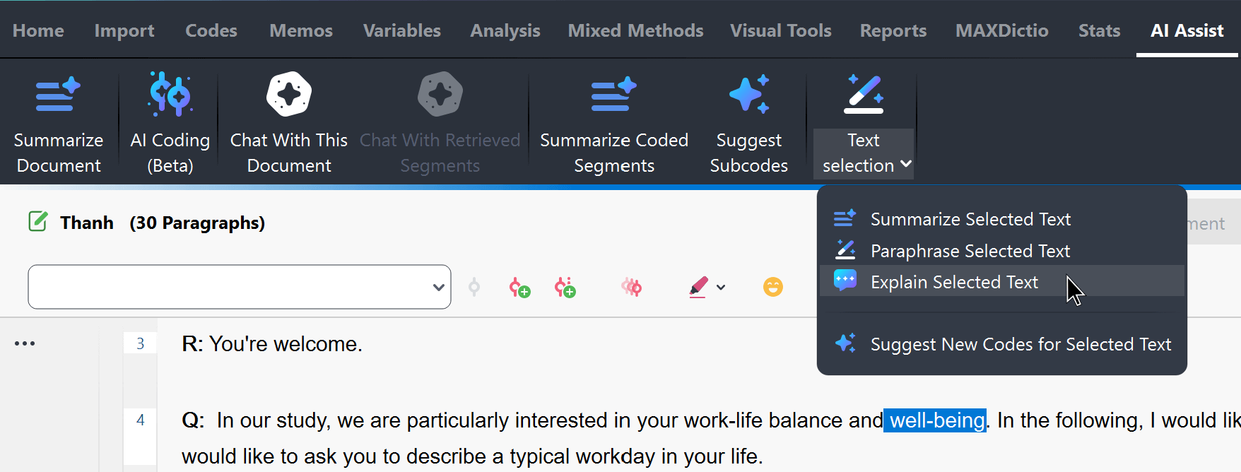 Explain selected text via the AI Assist main menu