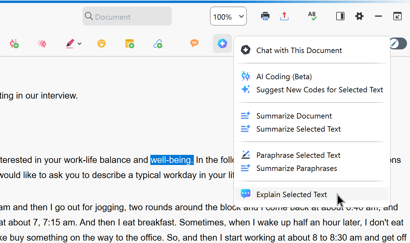 Explain selected text via the 'Document Browser' toolbar