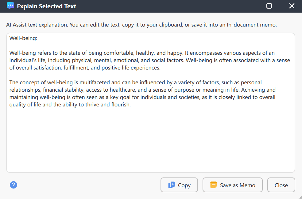 Choose how to proceed with the explanation (save as memo, copy to clipboard, or discard) Dialog box showing options to save, copy, or discard the AI-generated explanation