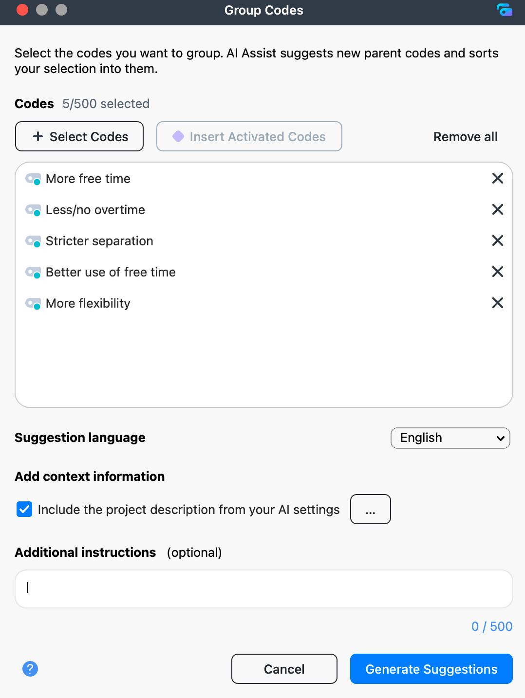 Selecting codes and options for AI Group Codes The Group Codes dialog with a list of selected codes, the suggestion language, the option to include the project description, and the field for additional instructions