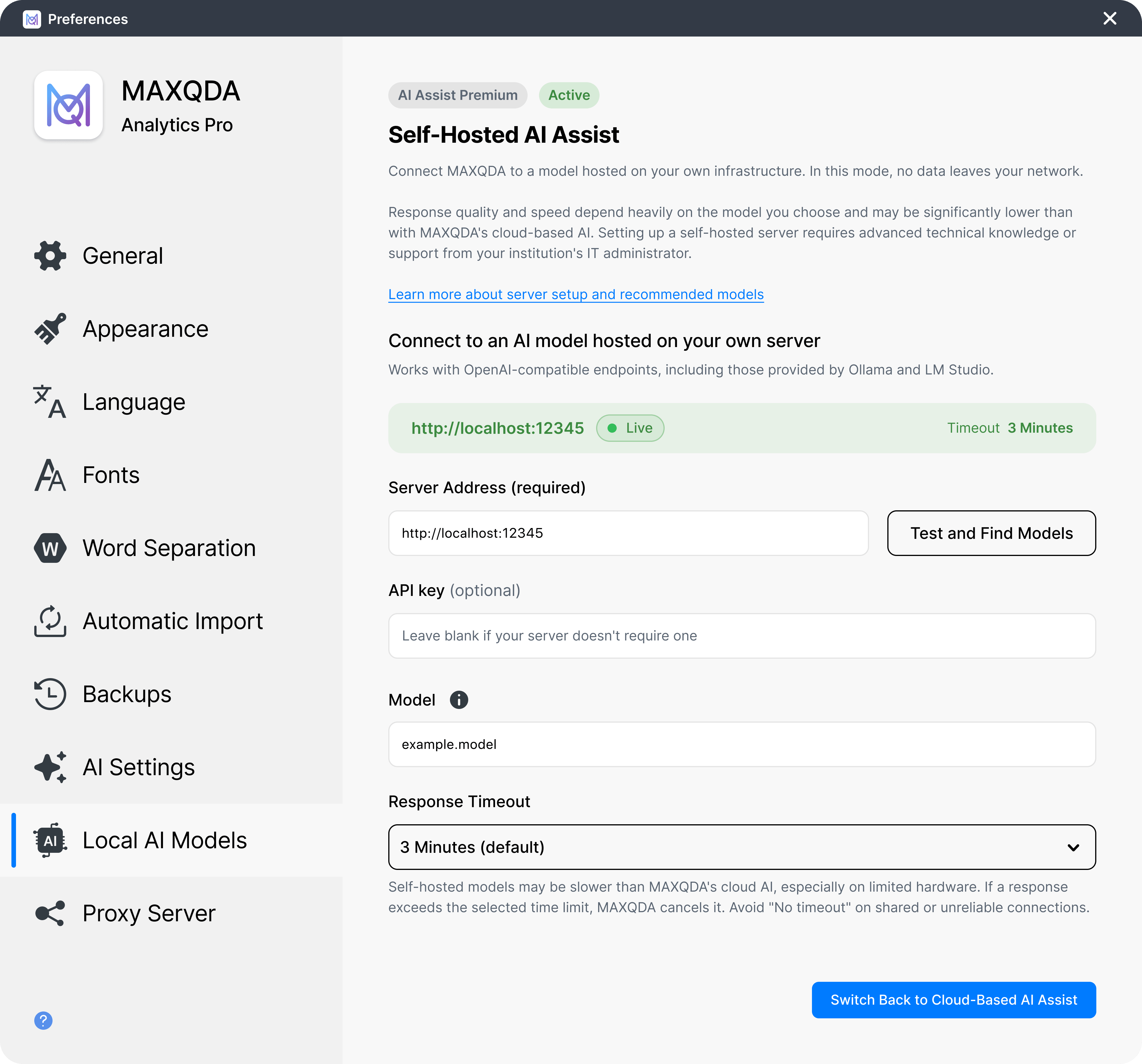 Local AI Models page with Local AI active The Local AI Models page in the MAXQDA Preferences with Local AI active, showing the server address, model, response timeout, and the Live status
