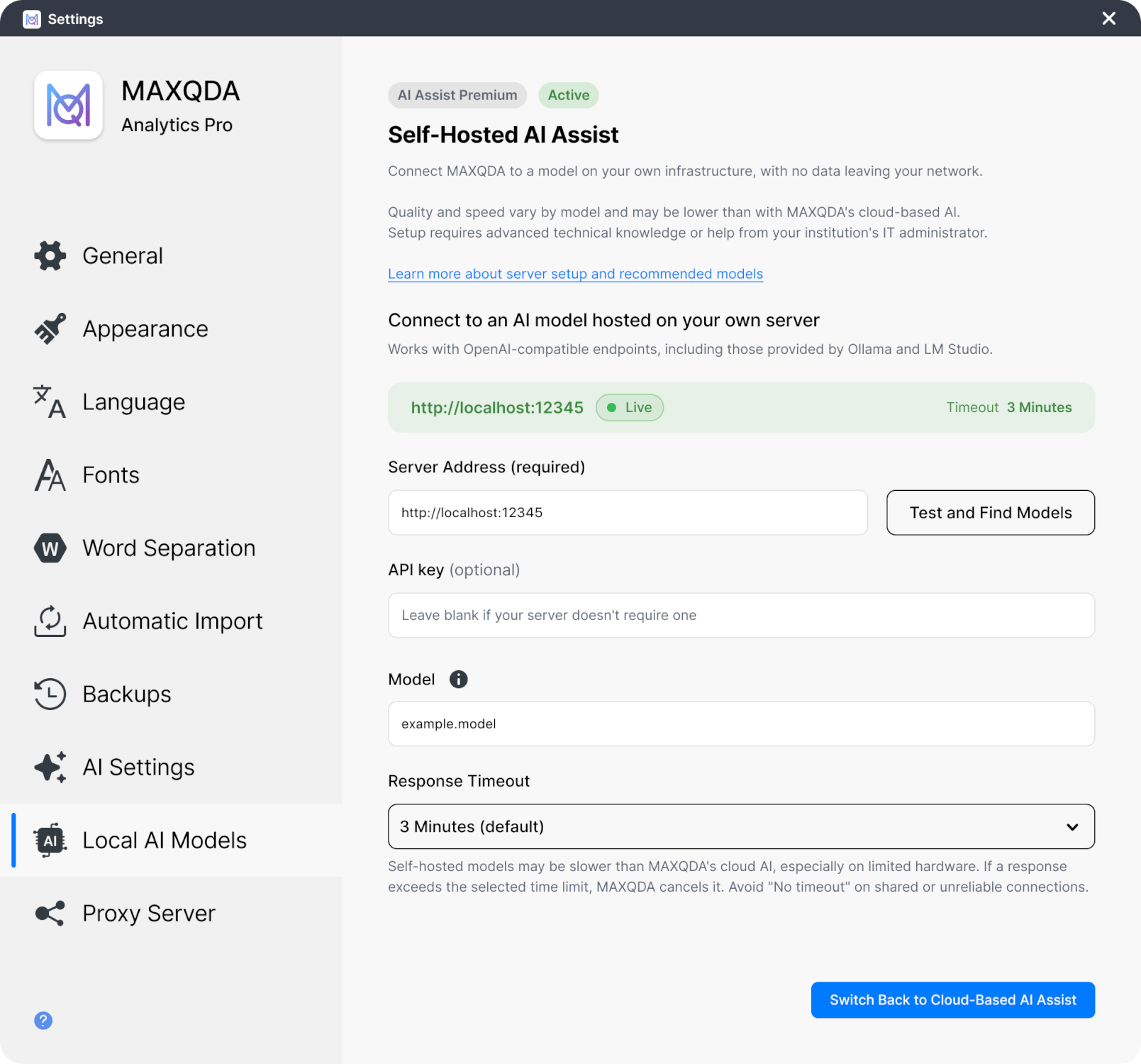 The Local AI Models page in the MAXQDA Settings with Local AI active, showing the server address, model, response timeout, and the Live status
