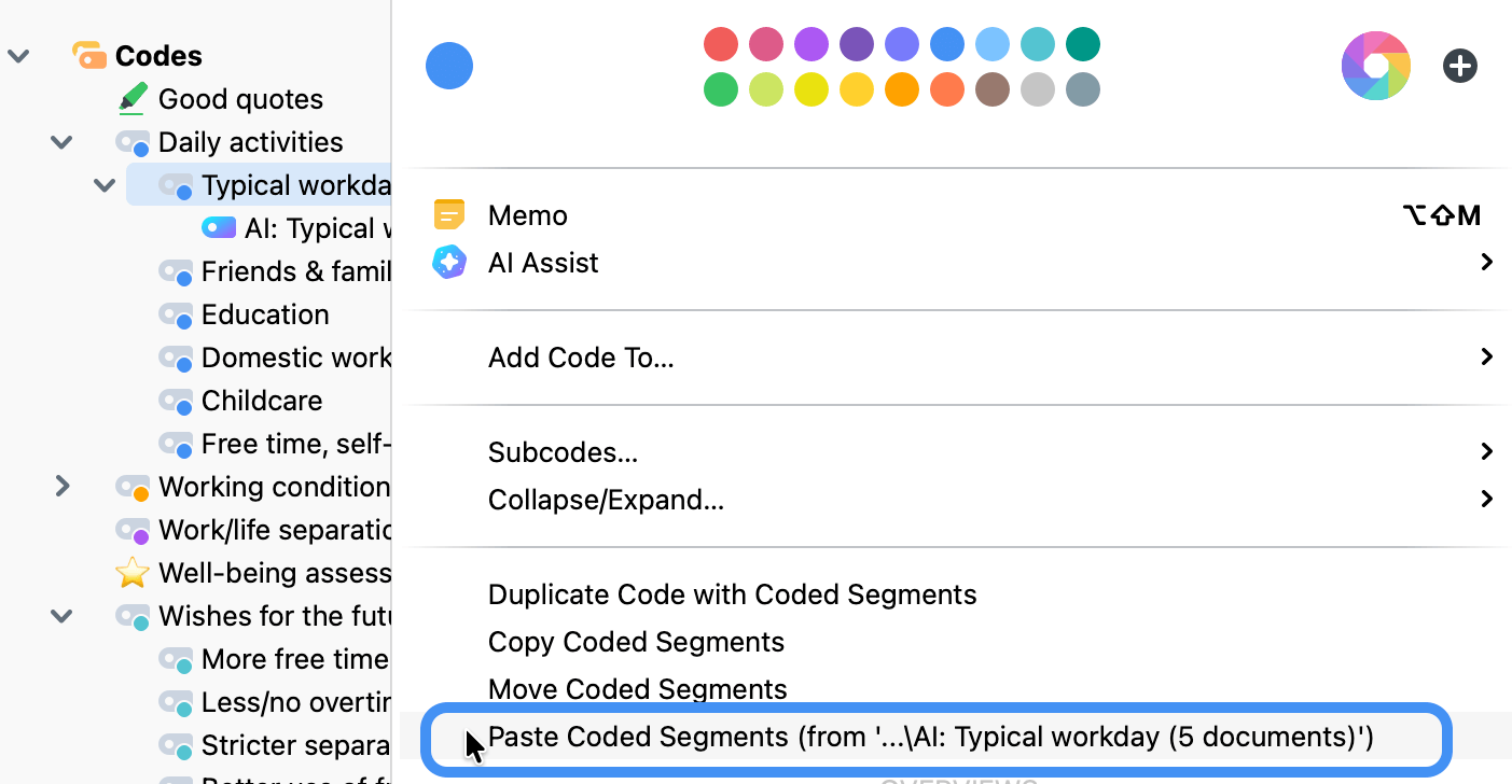Example of a code's context menu with the option to paste coded segments in focus