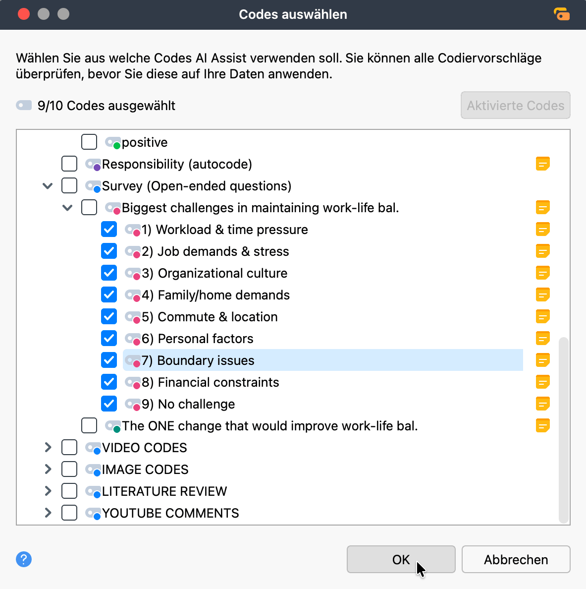Screenshot of code selection window