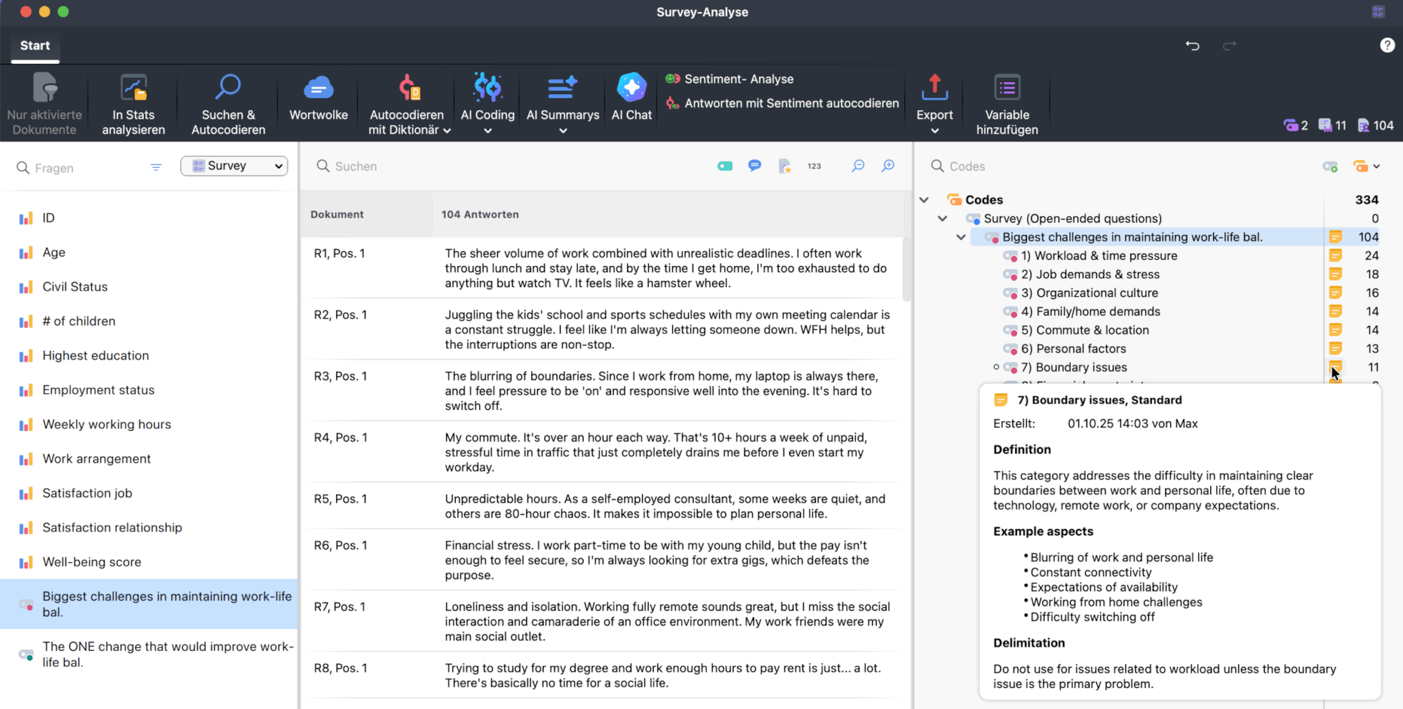 Survey Analysis workspace showing the memo of a subcode; the memo contains a code definition, example aspects, and notes on how it differs from other subcodes