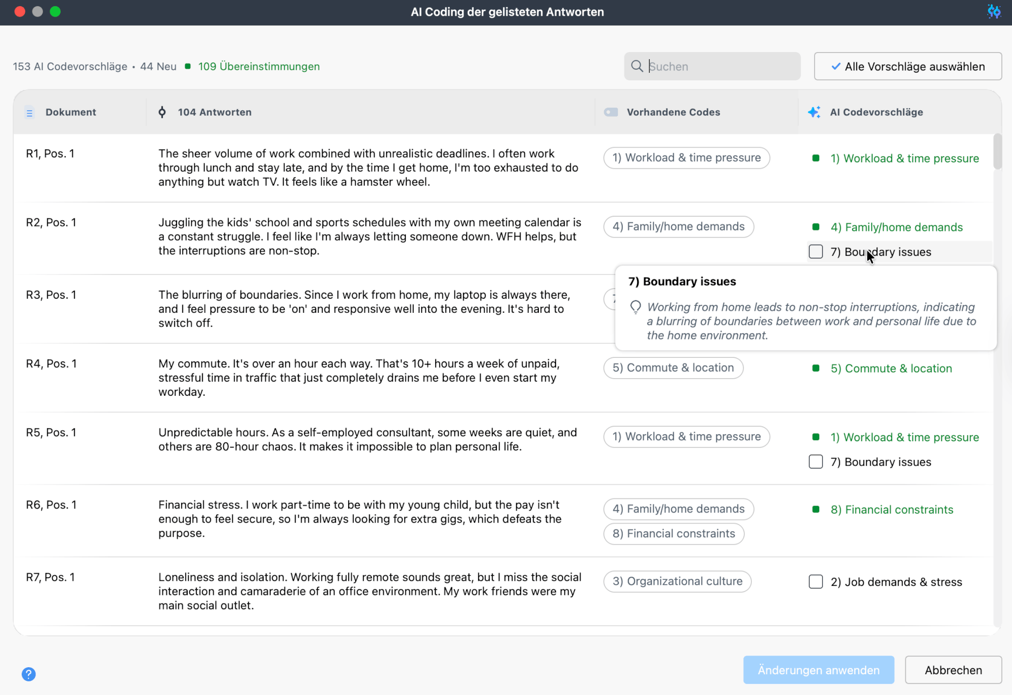 AI Coding for coded segments in MAXQDA - table view showing code suggestions and AI Assist explanations for each individual segment