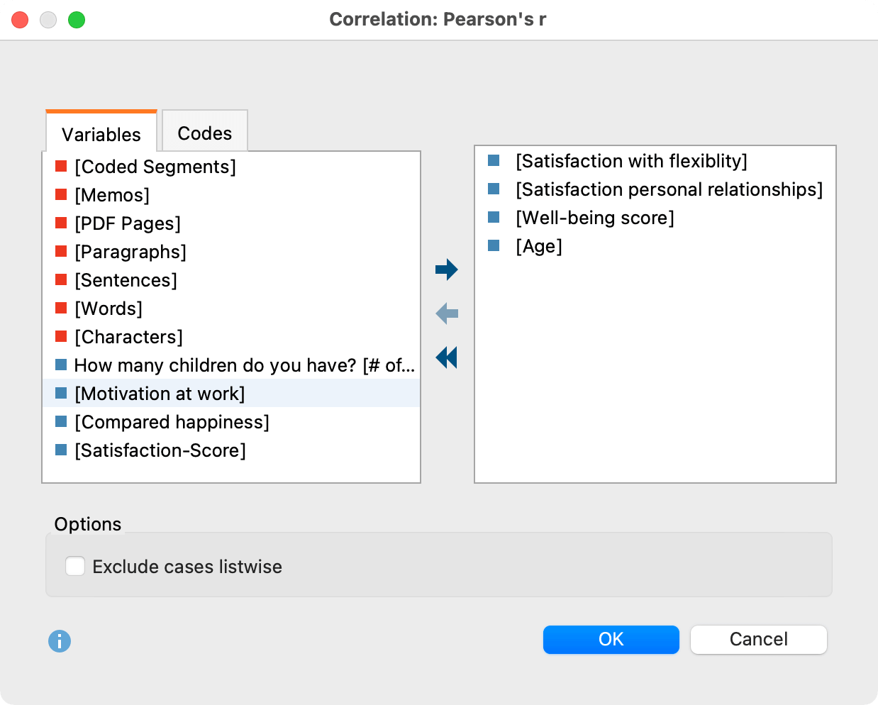 Dialog box for selecting variables to calculate correlation (pictured here: Pearson’s r)