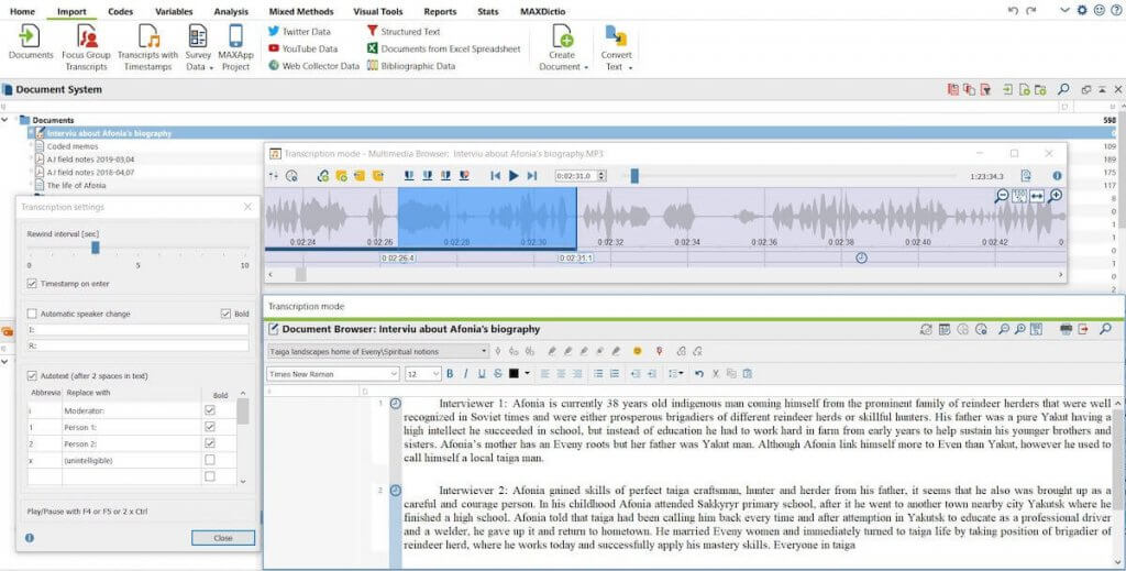 It was really helpful to use MAXQDA’s Transcription Mode for transcribing interviews with local people who talked about Afonia’s life history