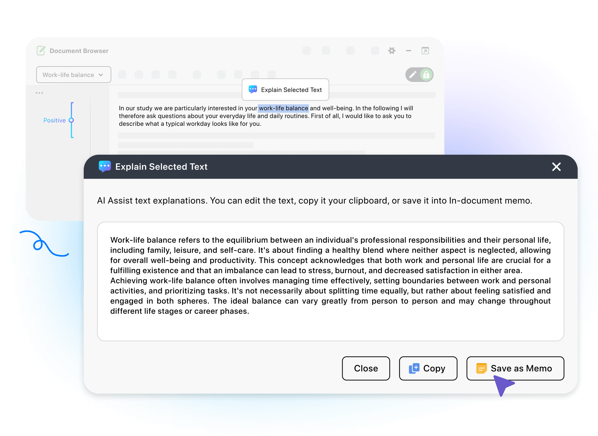 Highlighted Term in Transcript with Context Menu and MAXQDA AI Assist Explanation Example in memo