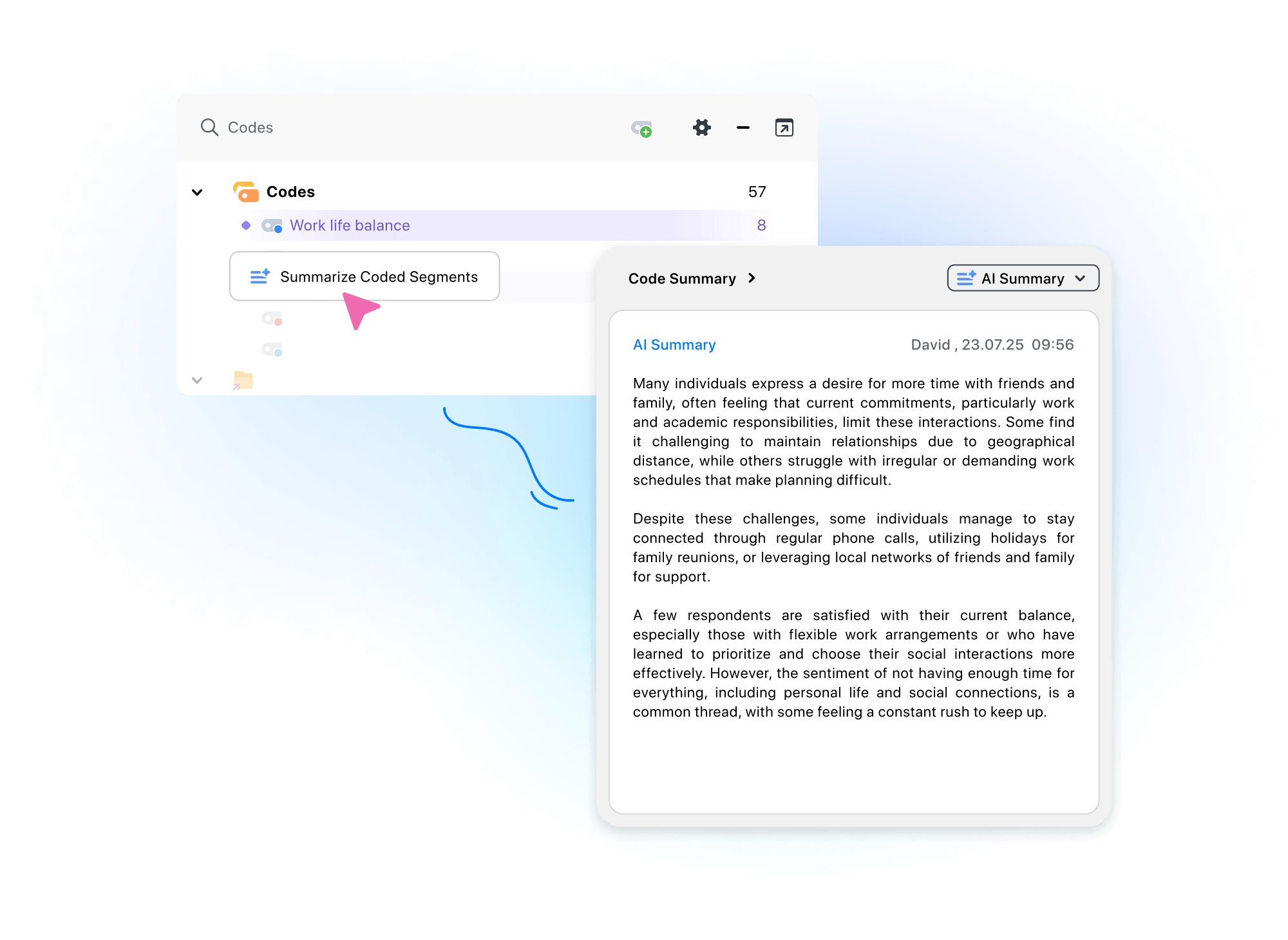 MAXQDA Smart Coding Tool with AI Assist Tab, Summarization Options, and AI-generated Summary Example in a Memo