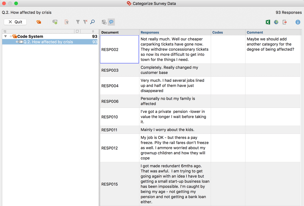 Interactive table window for categorizing survey responses Interactive table window for categorizing survey responses