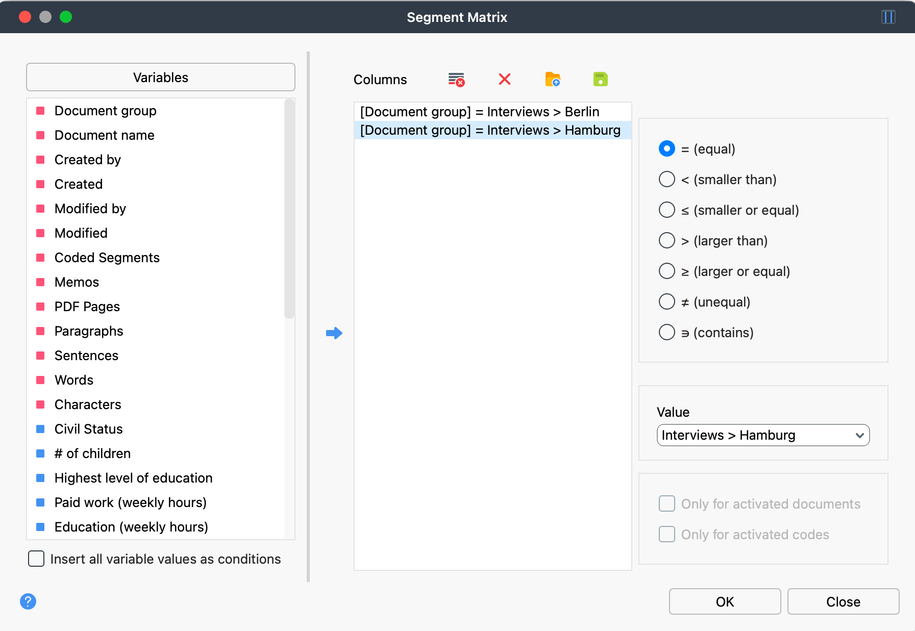 Axial Coding - Segment Matrix: Select groups for comparison