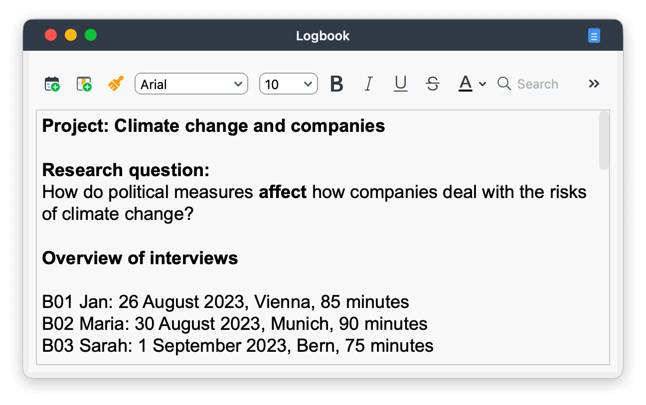 Axial Coding - Logbook: Maintaining an overview