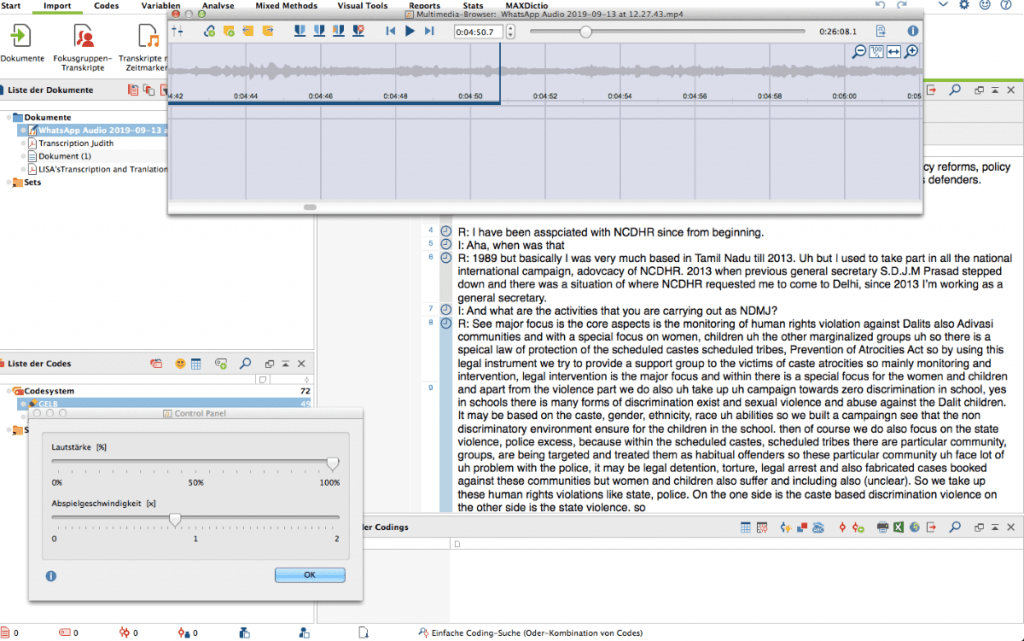 Using MAXQDA software transcribing an interview