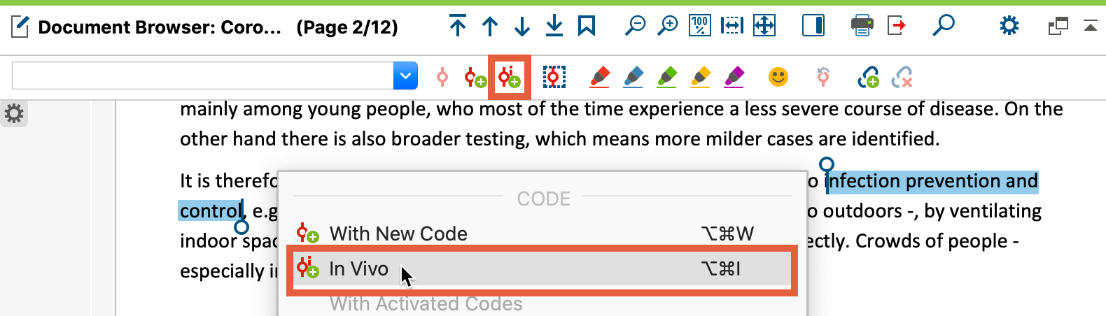 Screenshot from MAXQDA2020 showing a highlighted text passage and the option to in-vivo code the selected passage.