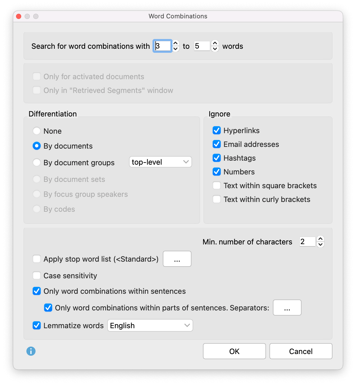 Word Combinations settings window