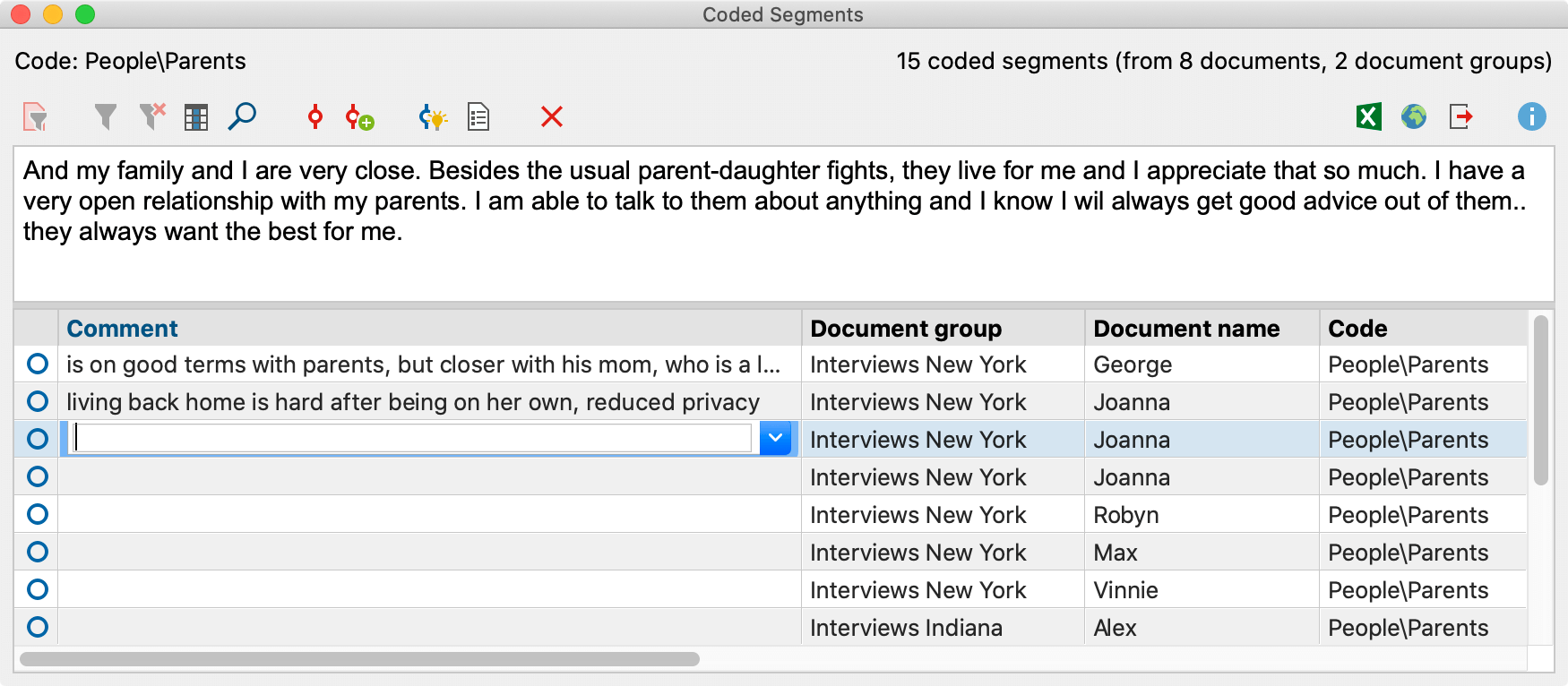Creating comments for coded segments in the Overview of Coded Segments