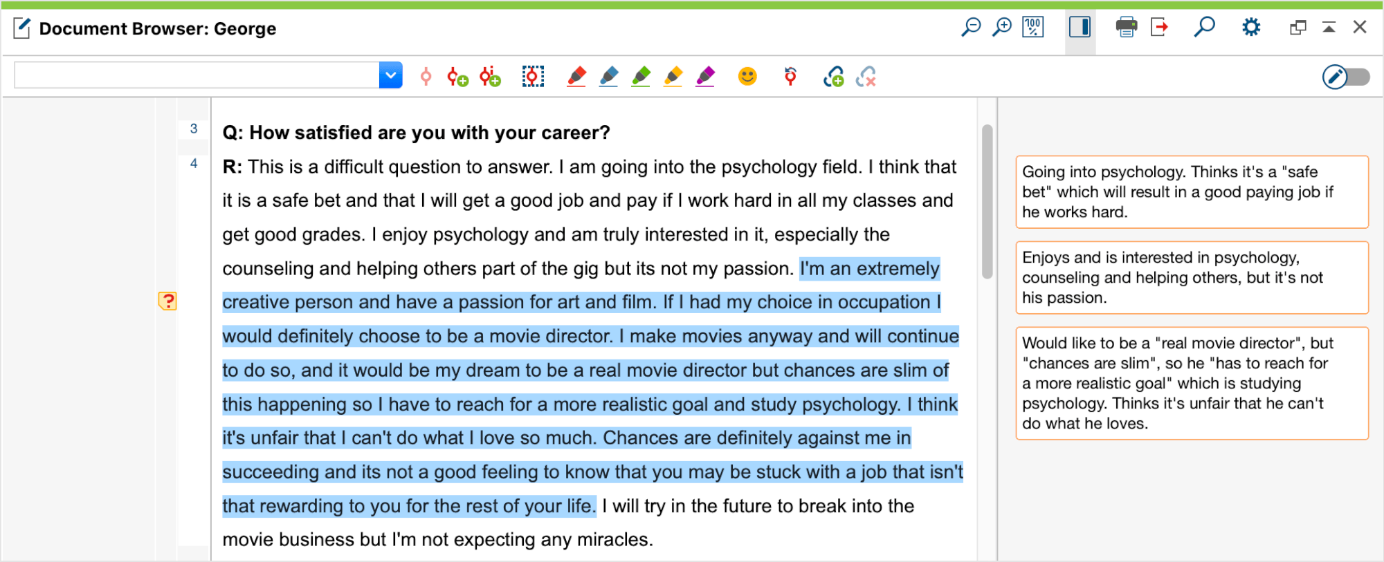 Paraphrases in the sidebar next to a text in the Document Browser