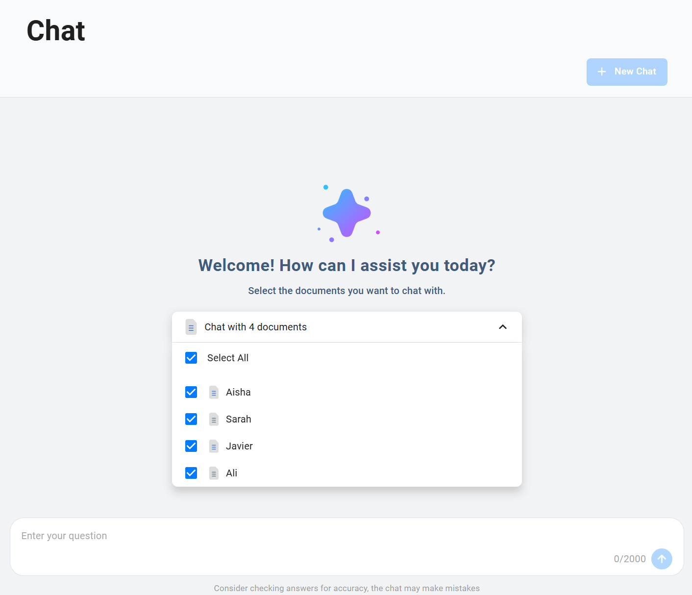 Select which documents to include in a chat Screenshot of the chat's document selection menu