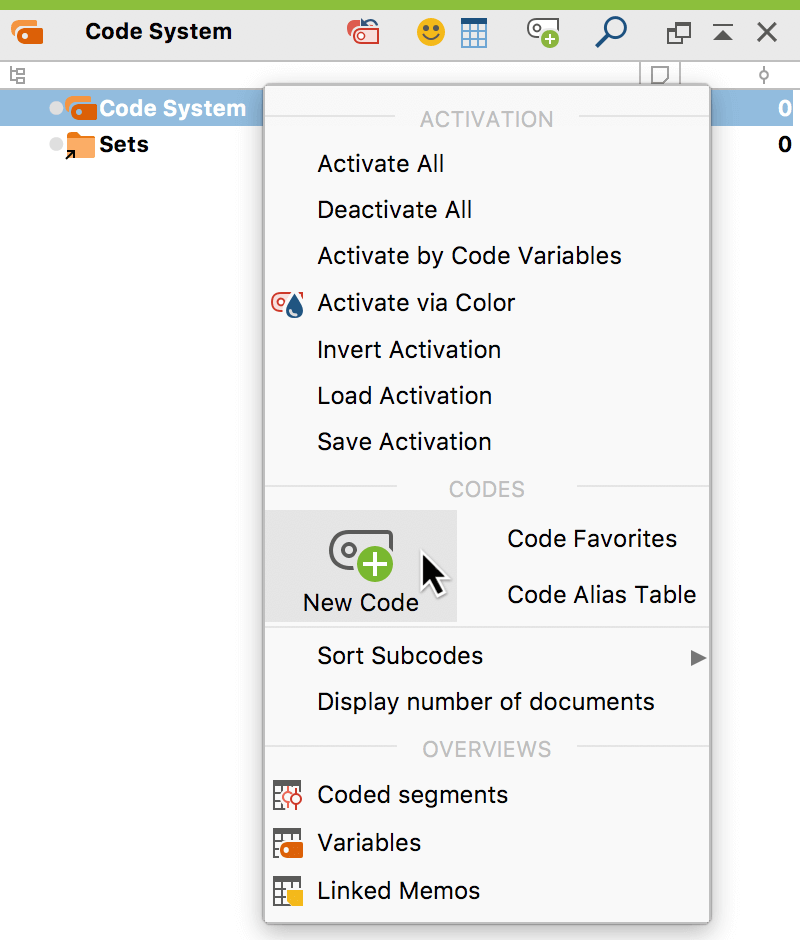 Creating a new code with the context menu Creating a new code with the context menu