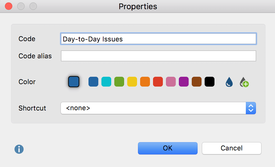 Properties window for a code Properties window for a code