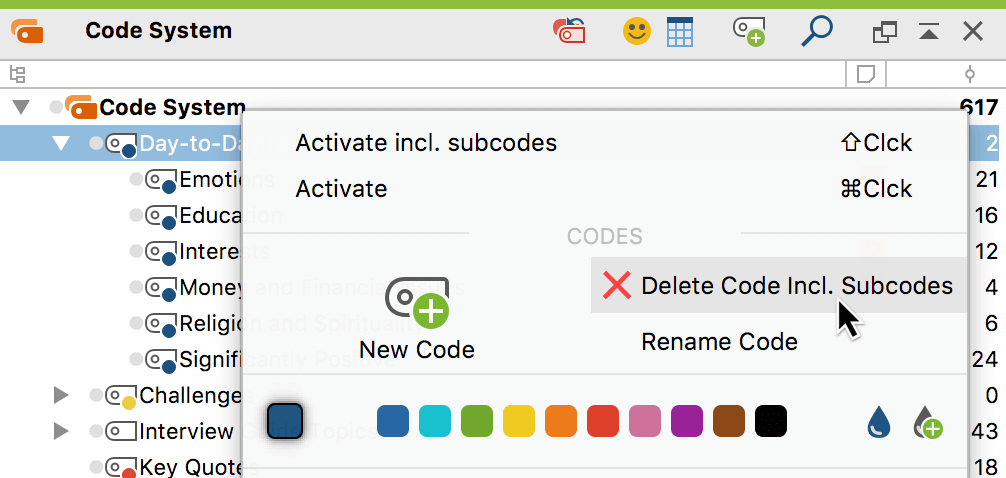 Deleting a code from the context menu Deleting a code from the context menu